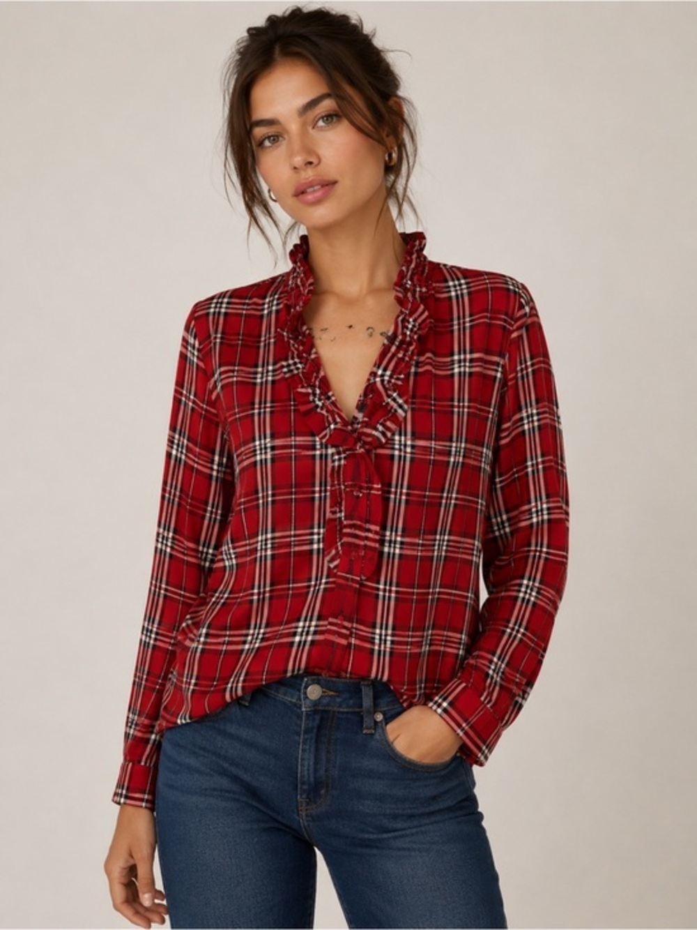 Riley & Rae Red Plaid Blouse with Ruffle neckline , Long sleeve Size L